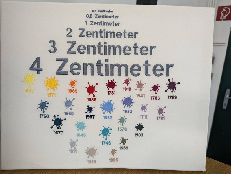 Musterstoff mit Schriftgrößen von 0,5 bis 4 Zentimeter und 25 gestickten Farbklecksen mit Garnnummern
